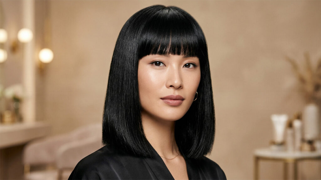 Stunning Asian woman with thick straight silk-like midnight black hair and a precision architectural cut.