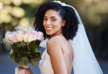 Beautiful Black Wedding Hairstyles for the Modern Bride Beautiful Black bride showcasing a stunning natural hair updo for her wedding day.