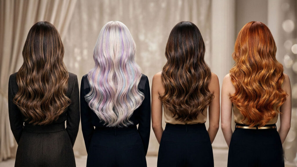 Woman showcasing dimensional expensive brunette to bright blonde balayage hair color trends.