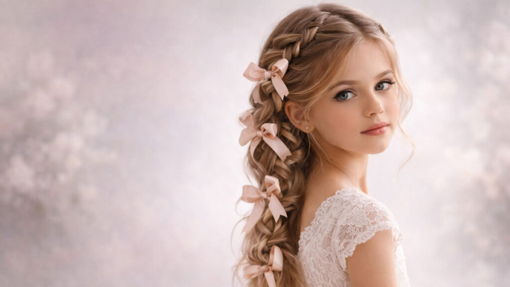 Young girl with soft strawberry blonde hair showcasing an intricate and elegant braided hairstyle.