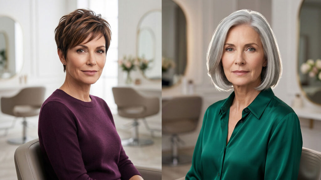 Sophisticated elegant older woman over 50 with striking high-gloss silver hair styled in a chic bob.