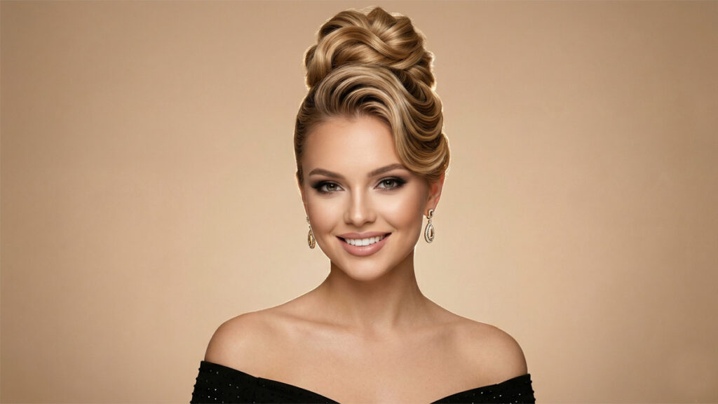 Young woman with caramel blonde hair styled in a glamorous formal updo with polished structural waves for prom.