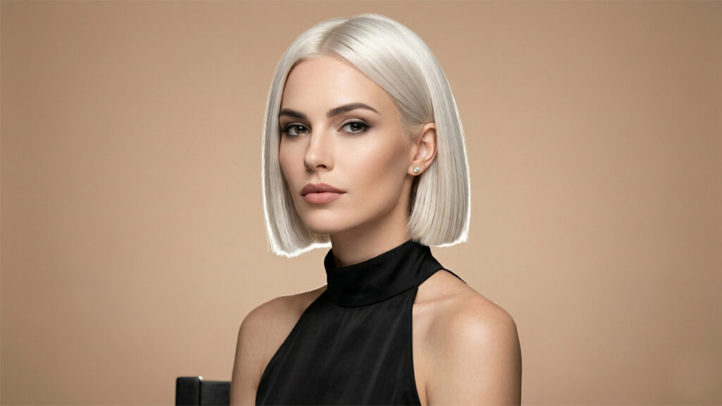 Gorgeous woman with bright platinum blonde short hair styled in a precision laser-line bob and geometric perimeter.