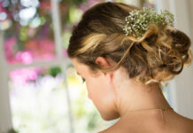 Should I Have My Hair Up or Down for My Wedding? Beautiful bride comparing an elegant updo and cascading waves for her wedding hairstyle.