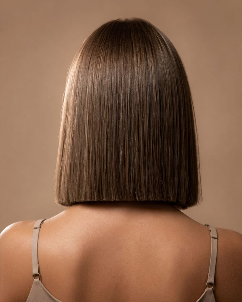 Back view of a blunt lob silhouette for round face shapes.