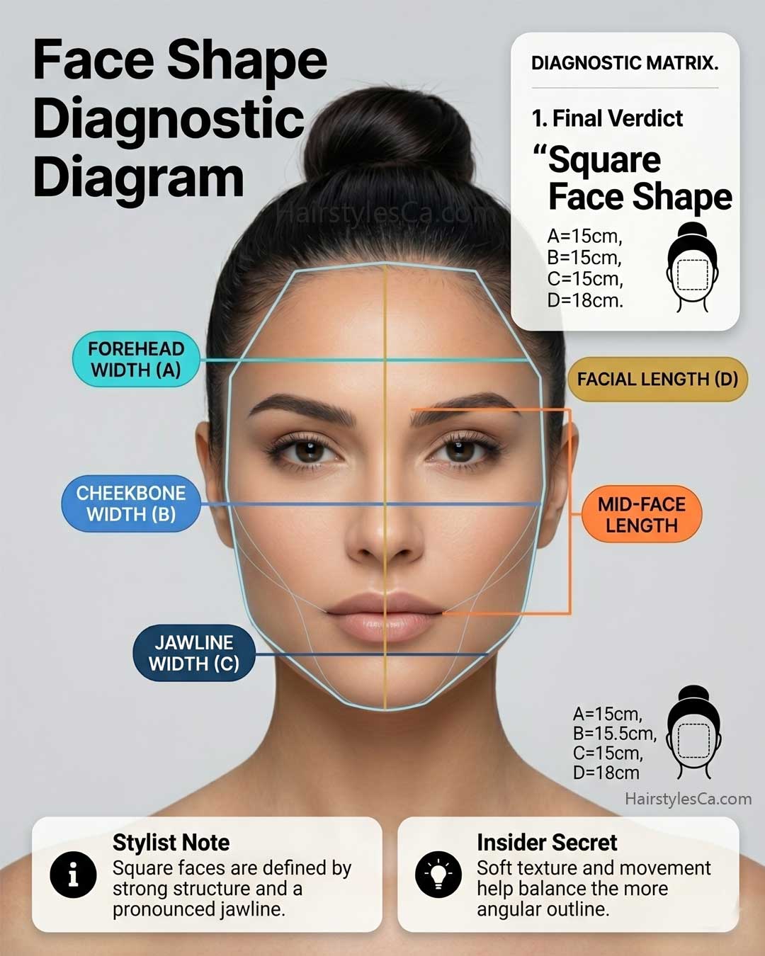 Editorial portrait demonstrating a square face shape on a Caucasian woman.
