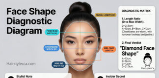 Diamond face shape on an East Asian woman, featuring prominent cheekbones and a narrow chin.
