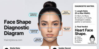 Heart face shape on a South Asian woman, featuring a broader forehead and tapered chin.