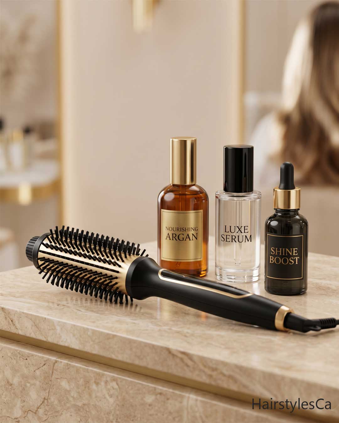 Luxury salon tools including a professional hot brush and premium hair oils laid out neatly on a clean warm beige marble