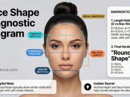 Round face shape on a Latina woman, featuring soft curves and equal width-to-length ratio.