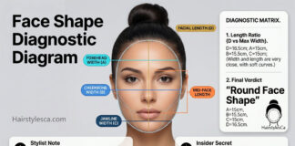 Round face shape on a Latina woman, featuring soft curves and equal width-to-length ratio.