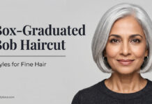 Box Graduated Bob Haircut: Styles for Fine Hair (2026) An elegant mature woman showcasing the massive perimeter thickness of a silver Box-Graduated Bob.