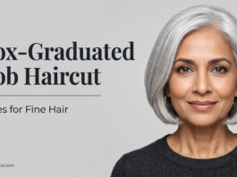 An elegant mature woman showcasing the massive perimeter thickness of a silver Box-Graduated Bob.