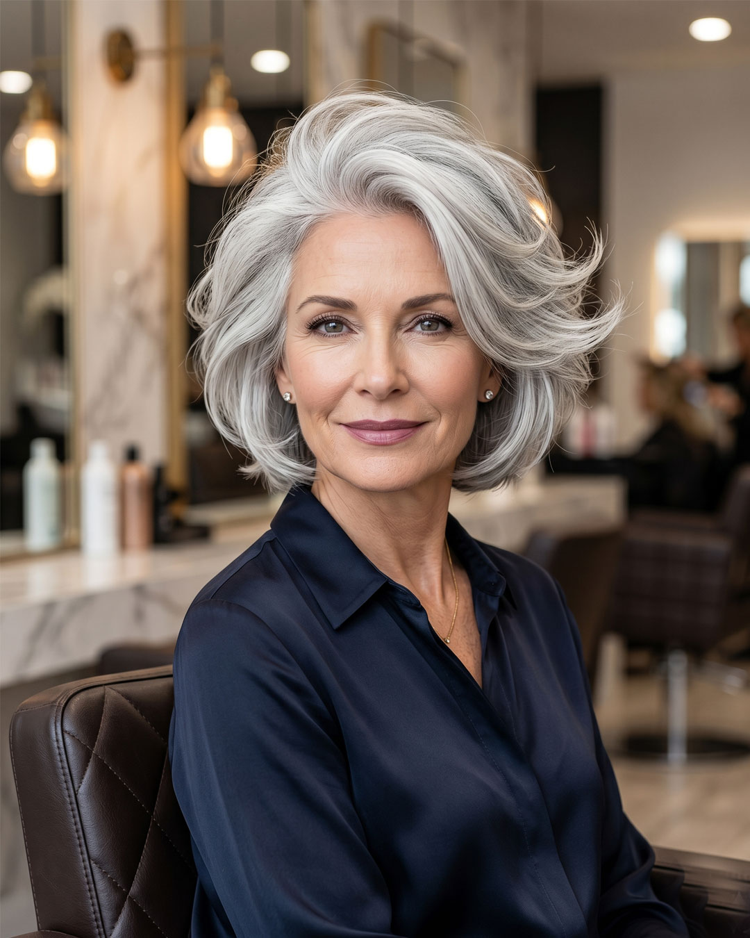 An elegant mature woman in a luxury salon with a sweeping silver Butterfly Frame haircut.