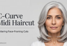 C-Curve Midi Haircut: Flattering Face Framing Cuts (2026) An elegant mature woman showcasing the inward-sweeping layers of the silver C-Curve Midi haircut.