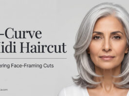 An elegant mature woman showcasing the inward-sweeping layers of the silver C-Curve Midi haircut.
