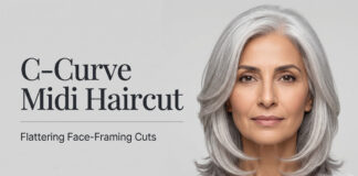 C-Curve Midi Haircut: Flattering Face Framing Cuts (2026) An elegant mature woman showcasing the inward-sweeping layers of the silver C-Curve Midi haircut.