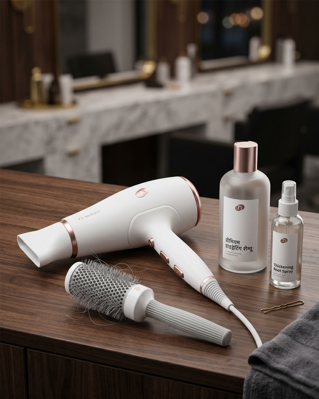 Luxury flat-lay of a premium hair dryer, round brush, and hydration products.