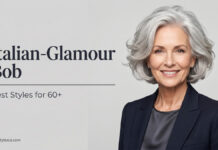 Italian Glamour Bob Haircut: Best Styles for 60+ (2026) Mature woman modeling a perfectly rounded Italian Glamour Bob with bright silver hair.