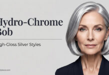 Hydro Chrome Bob Haircut: High Gloss Silver Styles (2026) A beautiful mature woman showcasing a high-gloss silver Hydro-Chrome Bob.