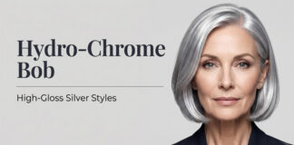 Hydro Chrome Bob Haircut: High Gloss Silver Styles (2026) A beautiful mature woman showcasing a high-gloss silver Hydro-Chrome Bob.