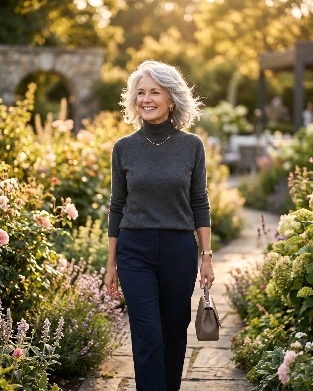 A beautiful mature woman smiling outdoors with a textured silver shag haircut.