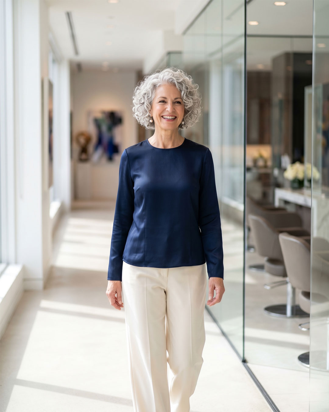 A beautiful mature woman smiling indoors with a deeply hydrated silver curly crop.