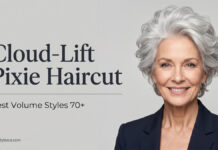 Cloud Lift Pixie Haircut: Best Volume Styles 70+ (2026) An elegant mature woman showcasing the feathery Cloud-Lift Pixie with intense silver volume.