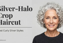 Silver Halo Crop Haircut: Best Curly Silver Styles (2026) An elegant mature woman showcasing the beautifully defined ringlets of the Silver-Halo Crop haircut.