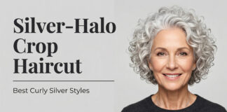 Silver Halo Crop Haircut: Best Curly Silver Styles (2026) An elegant mature woman showcasing the beautifully defined ringlets of the Silver-Halo Crop haircut.