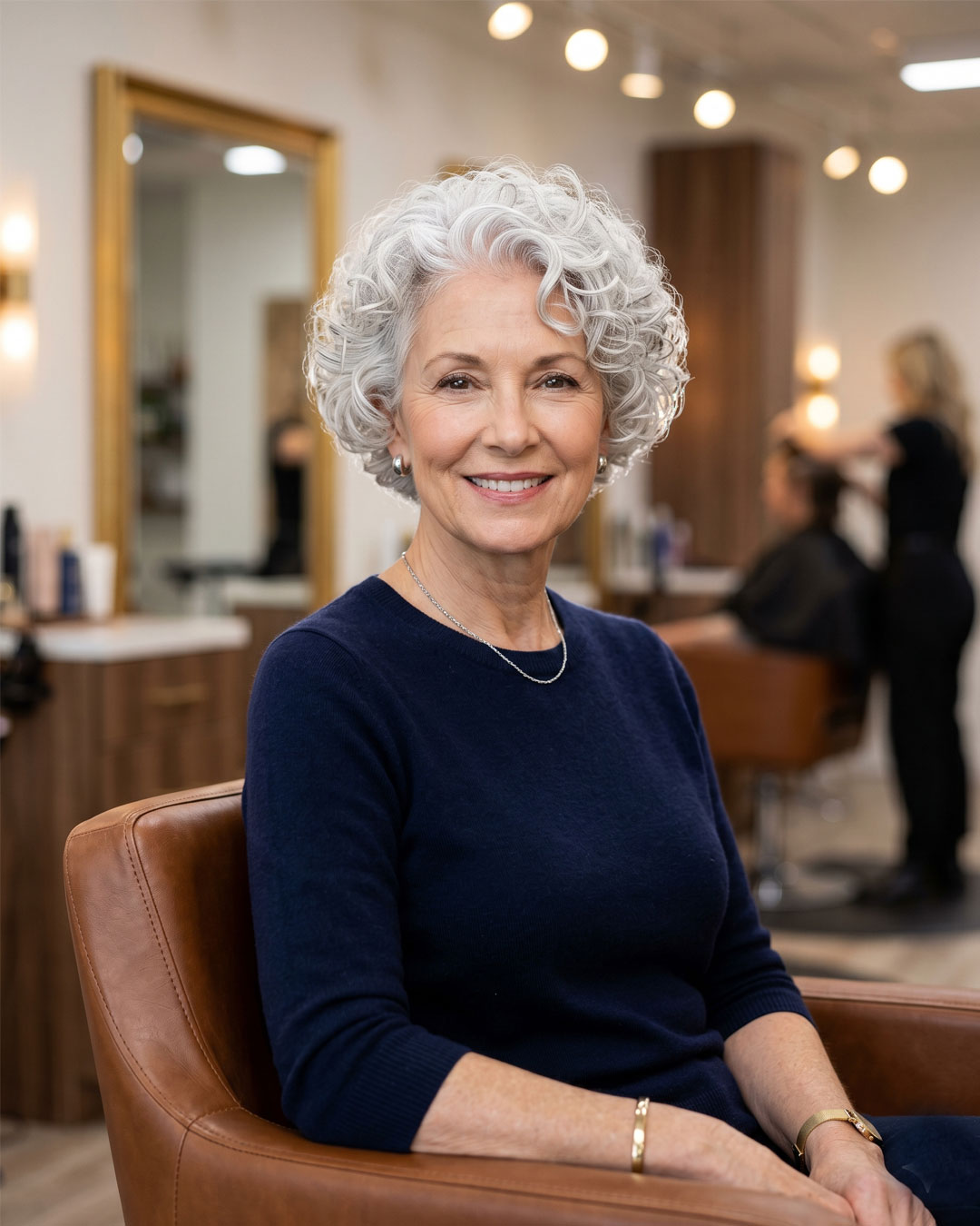 An elegant mature woman in a luxury salon with a rounded silver curly crop haircut.