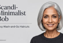 Scandi Minimalist Bob: Easy Wash and Go Haircuts (2026) An elegant mature woman showcasing a low-maintenance, sleek silver Scandi-Minimalist Bob.