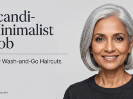 An elegant mature woman showcasing a low-maintenance, sleek silver Scandi-Minimalist Bob.