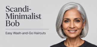Scandi Minimalist Bob: Easy Wash and Go Haircuts (2026) An elegant mature woman showcasing a low-maintenance, sleek silver Scandi-Minimalist Bob.