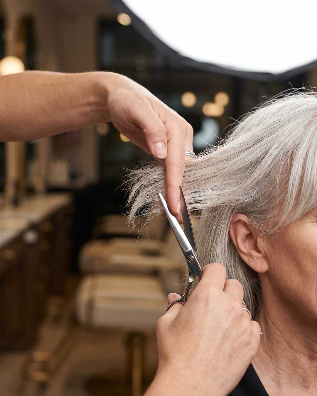 Stylist using scissors to slide-cut sweeping curtain bangs on silver hair.