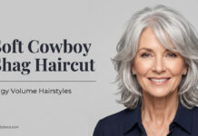 Soft Cowboy Shag Haircut: Edgy Volume Hairstyles (2026) An elegant mature woman showcasing the textured, voluminous silver Soft Cowboy Shag haircut.