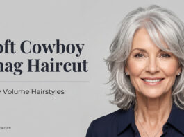 An elegant mature woman showcasing the textured, voluminous silver Soft Cowboy Shag haircut.