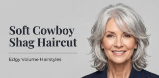 Soft Cowboy Shag Haircut: Edgy Volume Hairstyles (2026) An elegant mature woman showcasing the textured, voluminous silver Soft Cowboy Shag haircut.