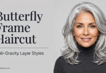 Butterfly Frame Haircut: Anti Gravity Layer Styles (2026) A beautiful mature woman showcasing the sweeping, voluminous layers of the Butterfly Frame haircut.