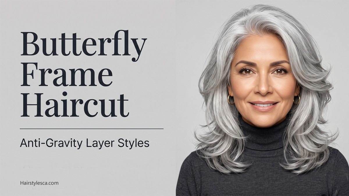 A beautiful mature woman showcasing the sweeping, voluminous layers of the Butterfly Frame haircut.