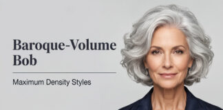 Baroque Volume Bob Haircut: Maximum Density Styles (2026) A glamorous mature woman showcasing a bouncy silver Baroque-Volume Bob.